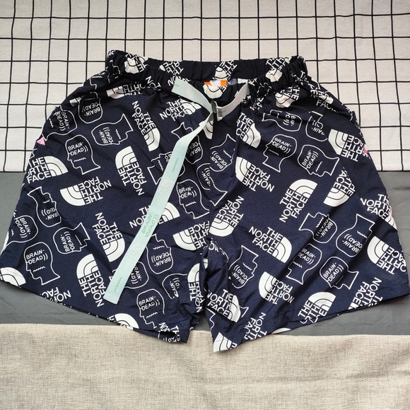 Brain Dead Other - Brain Dead Navy White Logo-Print Athletic Shorts with Mint Drawcord